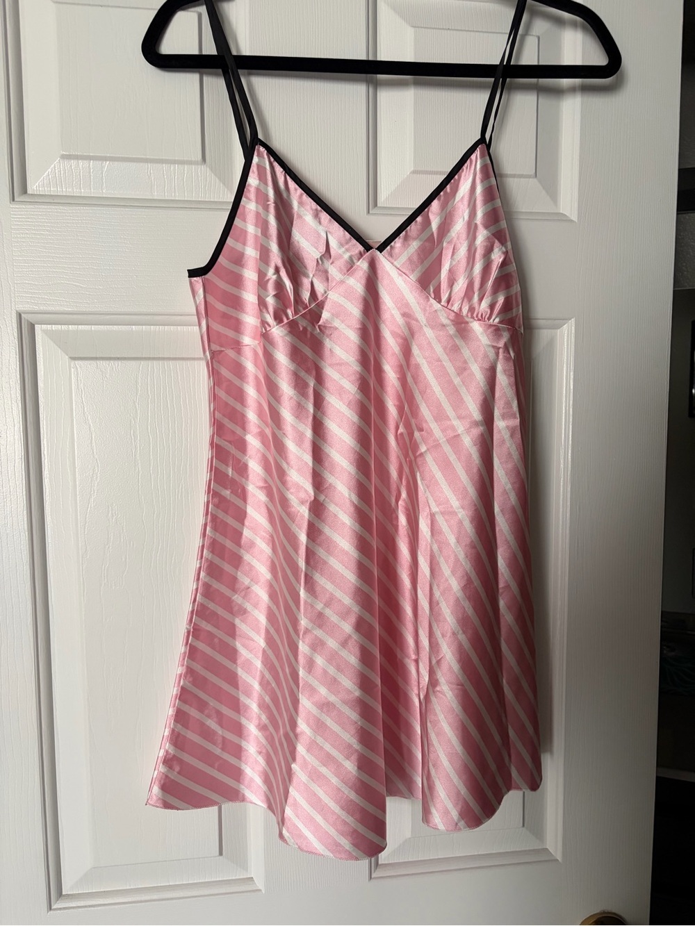 Pink Striped Satin Nightgown with Black Trim